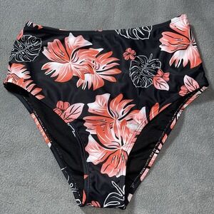 Bikini High Waisted Swim Bottom Womens Size Small Black & Coral Tropical Print